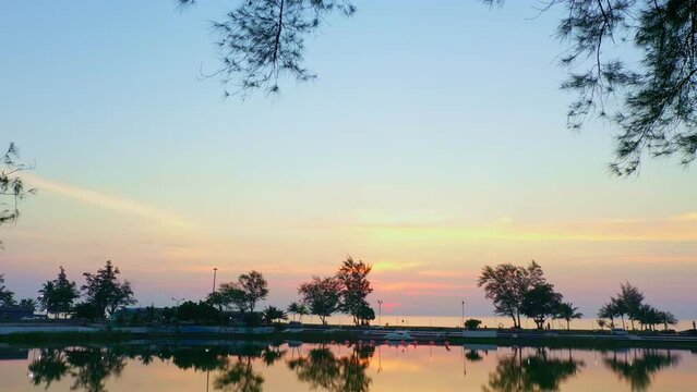 .aerial view reflection of sunset in the lagoon close to Karon beach..A swamp in a park close to Karon beach It is a place to relax and host festive events..