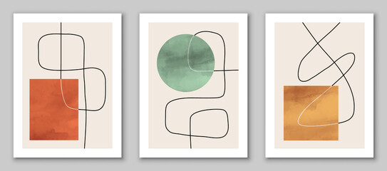 Abstract art, set of hand painted, watercolor geometric backgrounds. Design for poster, wall decoration, cover, EPS10 vector template