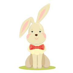 Cute little bunny with a butterfly bow. Isolated illustration on white background. Kids print design. Easter character.