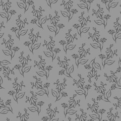 Fototapeta premium Vector black and gray illustration. Floral seamless pattern. Bouquet of wild flowers. Hand drawn flower field. simple flowers. Flowering heads of field chamomile. Outline drawing.