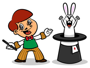 Cartoon illustration of Little magician show up the rabbit from magic hat, best for mascot, sticker, logo, and decoration with circus themes for kids