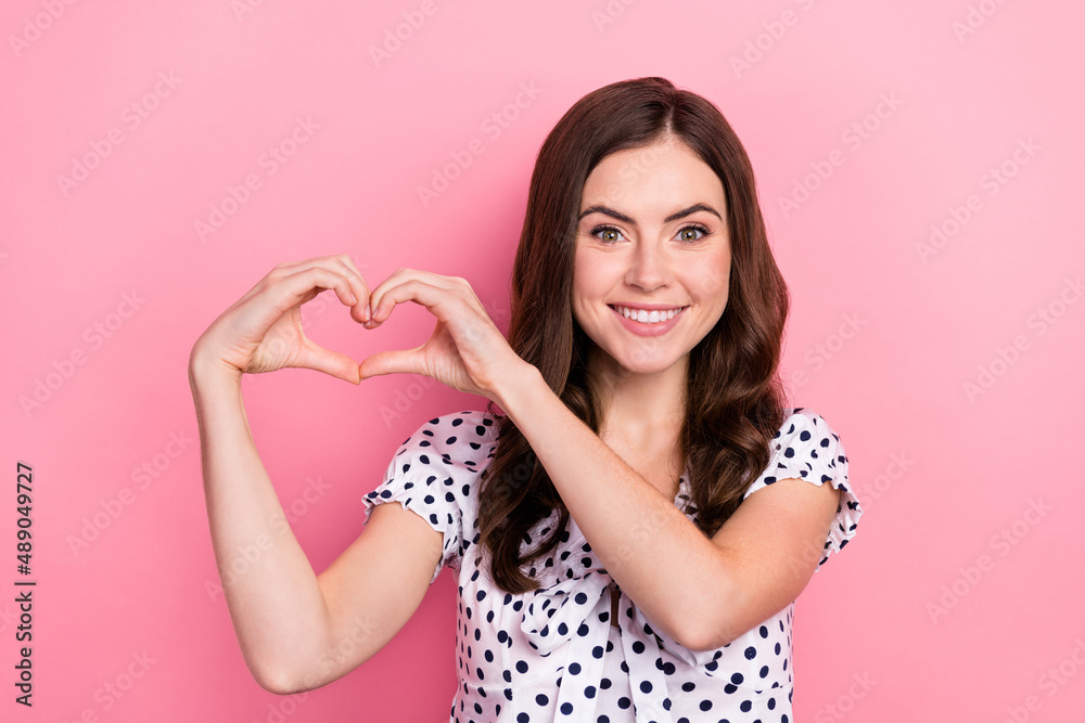 Poster Portrait of nice looking cute lady showing heart symbol dating boyfriend express feelings isolated on pink color background