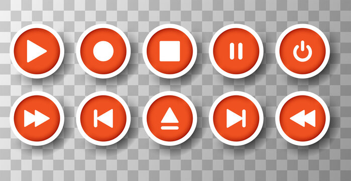 Media player icons set play pause stop record forward rewind buttons collection app on transparent background video communication audio conference webinar mobile device