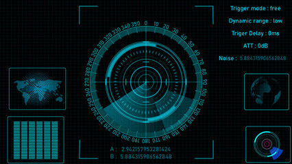 Radar HUD Screen Animation 4K. Motion graphic of colorful sonar radar screen searching an object with line digital technology background, Futuristic animation concept seamless loop video	
