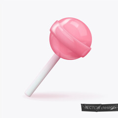 Realistic pink glossy candy on a stick, lollipop with shadow. Look like 3d rendering. Vector illustration for card, party, design, flyer, poster, decor, banner, web, advertising.