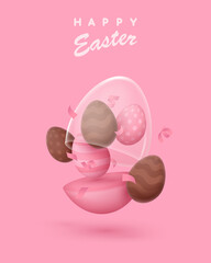 Poster with realistic pink open glossy egg with glass dome and chocolate mini eggs. Happy Easter poster. Vector illustration for card, party, design, flyer, banner, web, advertising.