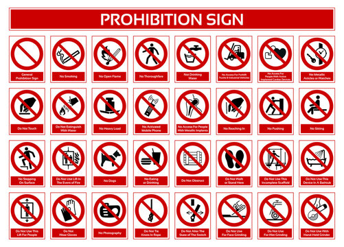 Set of Prohibition Sign. Forbidden Sign In White Pictogram. ISO 7010 Sign.