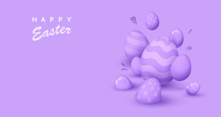 Banner with realistic purple glossy and matte eggs with stripes and dots, mini eggs. Happy Easter poster. Vector illustration for card, party, design, flyer, banner, web, advertising.
