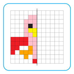 Picture reflection educational game for children. Learn to complete symmetrical worksheets for preschool activities. Coloring grid pages, visual perception and pixel art. Finish the flying bird.