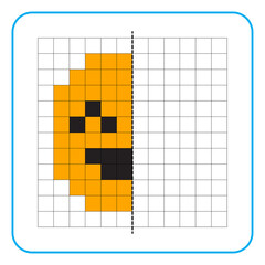 Picture reflection educational game for children. Learn to complete symmetrical worksheets for preschool activities. Coloring grid pages, visual perception and pixel art. Finish the happy emoticon.