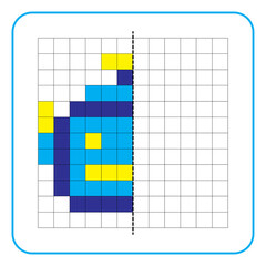 Picture reflection educational game for kids. Learn to complete symmetrical worksheets for preschool activities. Tasks for coloring grid pages, picture mosaics, or pixel art. Finish the robot face.