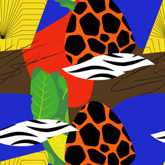 Bright, multi-color seamless pattern with elements of leaves, animal elements.  Modern abstract wildlife pattern 