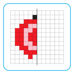 Picture reflection educational game for children. Learn to complete symmetrical worksheets for preschool activities. Coloring grid pages, visual perception and pixel art. Finish the pomegranate fruit.