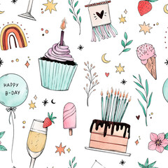 Hand drawn pencil and watercolor seamless pattern. Happy birthday sketches. Cake, cupcake, candles, stars, champagne, strawberry, rainbow. Perfect for bday cards, fabric, prints, wrapping paper