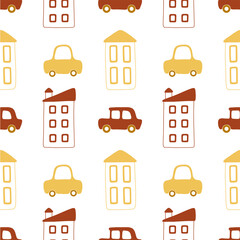 Vector seamless pattern with small cartoon houses and passenger cars in red and yellow colors on white background. Cute illustration for wallpaper, wrapping paper, background, fabric, textile.
