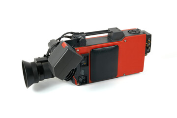 vintage red video camera on white background