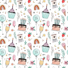 Hand drawn pencil and watercolor seamless pattern. Happy birthday sketches. Cake, cupcake, candles, stars, champagne, strawberry, rainbow. Perfect for bday cards, fabric, prints, wrapping paper