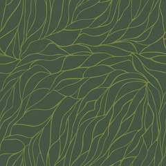 Organic pattern with wavy petals lines on green background. Seamless vector design for textile, fabric and wrapping. Trendy leaf abstract geometric texture