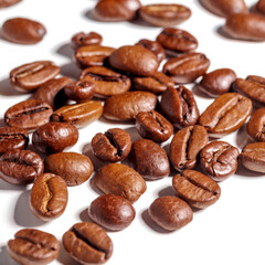 Heap of fresh roasted coffee beans isolated on white background as package design elements