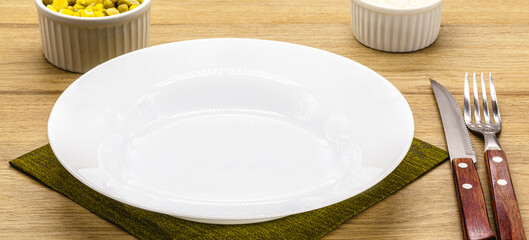 lunch and dinner table mockup, top view, empty plate for food, advertising use