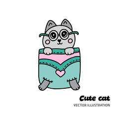 Cute cat in pocket kids , baby animal illustration background.