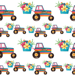 Watercolor Easter tractor seamless background design.