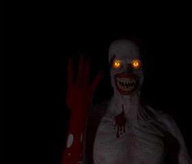 Vampire with blood mouth holding up a clawed hand covered in blood against a black background