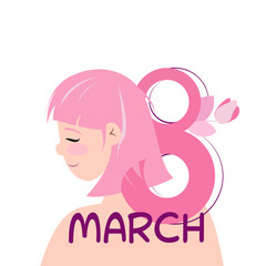 A girl with pink hair . March 8th. Vector graphics