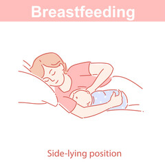 Obraz premium Breastfeeding side-lying position. Woman feeding baby on pillow.