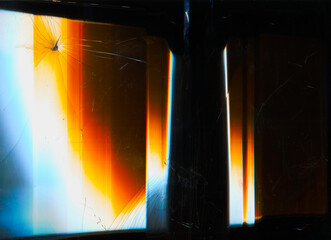 Color glitch noise. Broken texture overlay. Weathered film layer. Blue orange white glow artifacts...