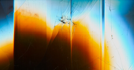 Glitch overlay. Broken screen texture. Fractured monitor. Blue orange white glow artifacts dust scratches noise distorted rough surface abstract banner.