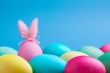 A pink egg with rabbit ears on a blue background among bright multi-colored eggs. Creative Easter concept in candy colors with copy space. Background, postcard, greeting with Easter decorations.