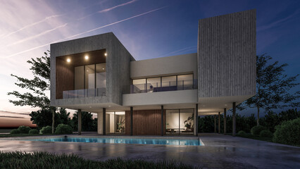 3D rendering illustration of modern house and swimming pool