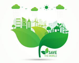 ecology and environment with city and home on leaf. save the world concept. vector illustration in flat style modern design. solar panels and wind turbines renewable energy.