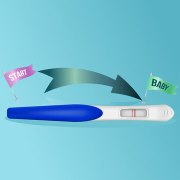 Positive pregnant test. Design with start, and finish goal flags. Graphic concept of start and finish in medicine. Waiting for a child. Vector illustration.