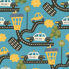 Cute cartoon car seamless pattern - baby boy background