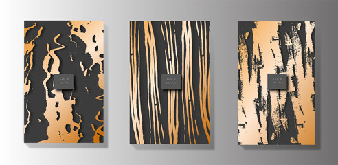 banner for luxury company, design. Artistic pattern with golden paint, old cracked texture, stain on black background.Modern cover design set. Art vector collection for notebook, flyer template, luxur