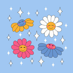 Retro daisies and sparkles on a blue background.