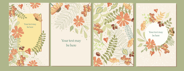 Universal floral menu mockup in warm autumn colors for fall or summer wedding, invitation background, postcard, Hand drawing, copy space