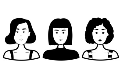 Doodle set people face. Three girls. Vector outline. Black and white illustration