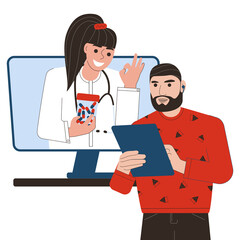 A patient buys drugs online or consults a doctor. The concept of telemedicine or online medication ordering.  Flat vector illustration on white background. For print, web design.