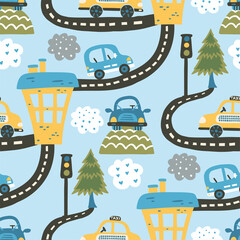 Cute cartoon car seamless pattern - baby boy background © trihubova
