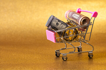 Bitcoins,  dollar and euro banknotes in small shopping cart