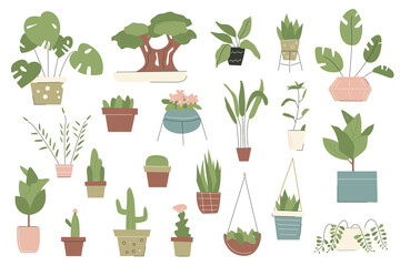 Collection of house plants in flat cartoon style. Succulents and tropical plants, trendy minimalistic house decor with plants, cacti, leaves in stylish planters and pots. Vector illustration