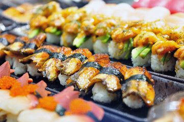 Selective focus of eel sushi