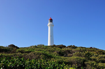 Fototapeta na wymiar Split Point Lighthouse with blue sky, Victoria, Australia.