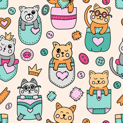 Cute cat in pocket kids seamless pattern, baby animal illustration background