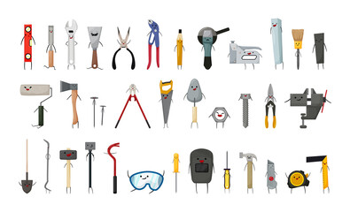 Construction tools characters collection. Cartoon illustrations.