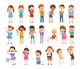 Children with various ailments, diseases and wounds. Cartoon illustrations.