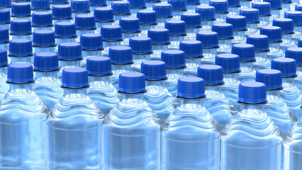 Five plastic bottles of still water with blue cap